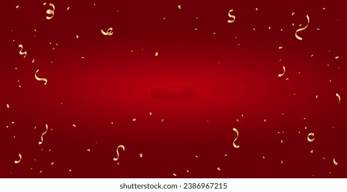 Golden Tiny Confetti And Streamer Ribbon Falling On Red Background. Chinese New Year. Vector