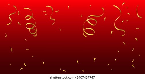Golden Tiny Confetti And Streamer Ribbon Falling On Red Background. Chinese New Year. Vector