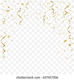 Golden Tiny Confetti And Streamer Ribbon Falling On Transparent Background. Vector