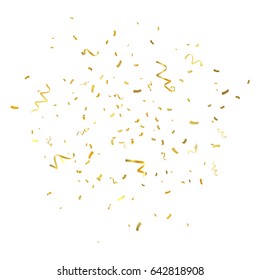 Golden Tiny Confetti And Streamer Ribbon Falling On White Background. Explosion. Glittering. Vector