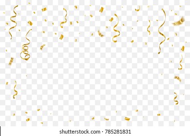 Golden Tiny Confetti And Streamer Ribbon Falling On Transparent Background. Vector