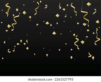 Golden Tiny Confetti And Streamer Ribbons Falling On Black Background. Vector