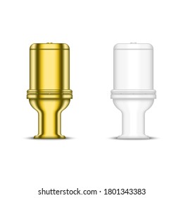 Golden toilet bowl and white ceramic sanitary ware for restroom, realistic vector 3d model isolated on white front view.