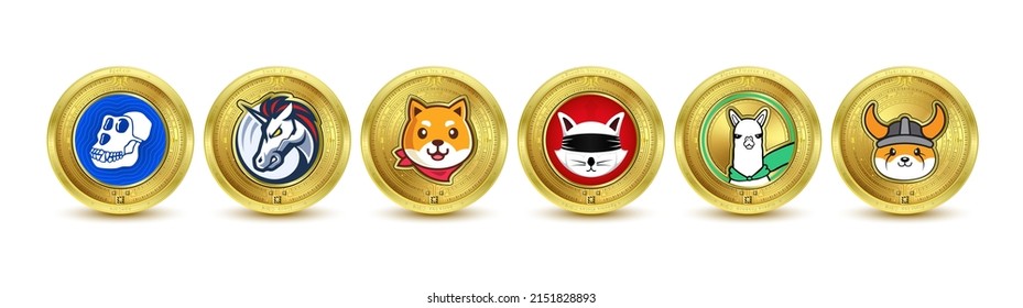 Golden token cryptocurrency. Future currency on blockchain stock market digital online. Gold coins crypto currencies ApeCoin, 1inch, Alpaca Finance, Ryoshis Vision, Akita Inu, Floki inu. 3d Vector. svg