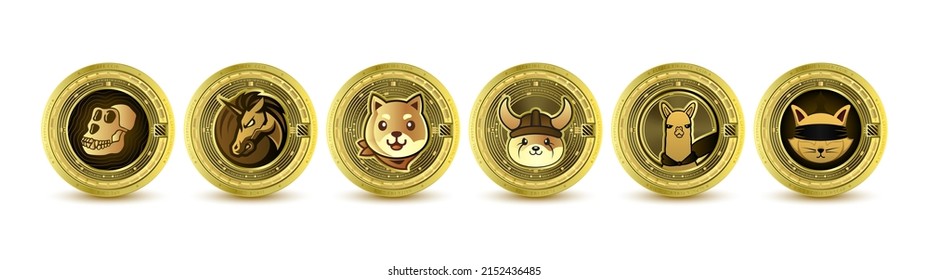 Golden token cryptocurrency. Future currency on blockchain stock market digital online. Coins crypto currencies ApeCoin, 1inch, Alpaca Finance, Ryoshis Vision, Akita Inu, Floki inu. Isolated Vector. svg