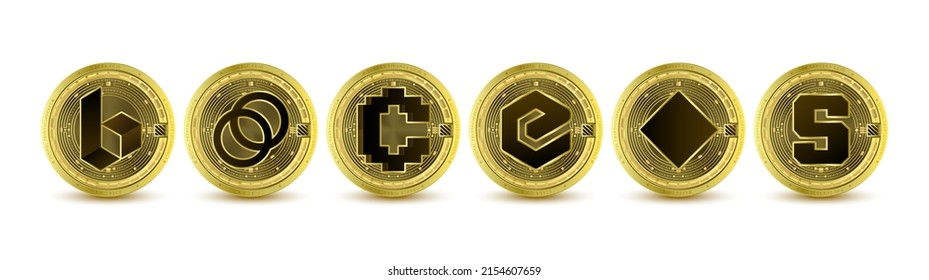 Criptodivisa de fichas de oro. Futura moneda en el mercado de valores de blockchain digital en línea. Monedas cripto monedas BORA, Celo, Convex Finance, eCash, Waves, The Sandbox. Vector aislado.