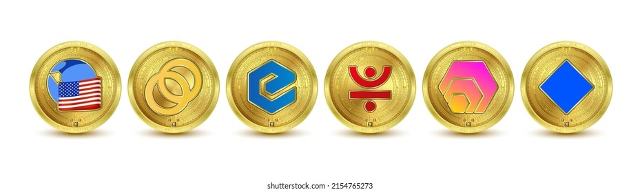 Golden token cryptocurrency. Future currency on blockchain stock market digital online. Gold coins crypto currencies TerraUSD, JUST, HEX, Celo, eCash, Waves. Isolated on a white background. 3d Vector.