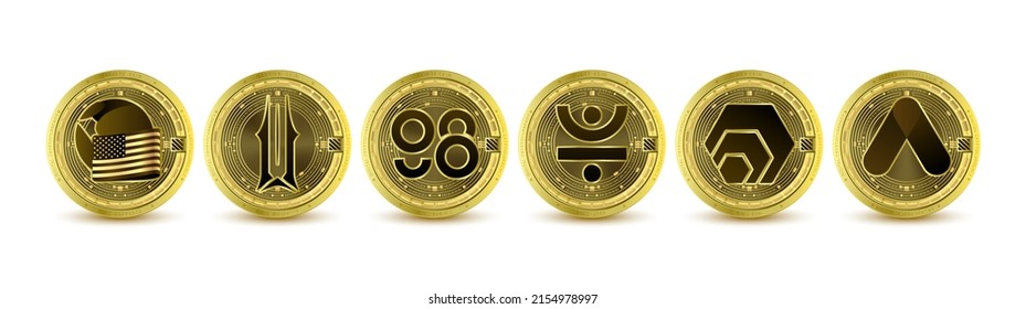 Criptodivisa de fichas de oro. Futura moneda en el mercado de valores de blockchain digital en línea. Monedas cripto monedas TerraUSD,Illuvium, Coin98,JUST,HEX,Anchor Protocol. Aislado sobre el vector de fondo blanco.