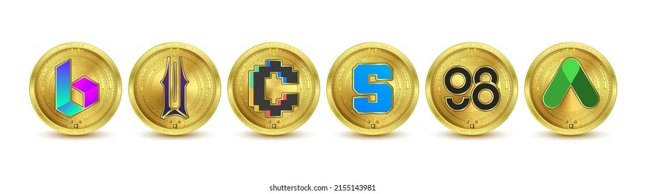 Golden token cryptocurrency. Future currency on blockchain stock market digital online. Gold coins crypto currencies BORA, Illuvium, Convex Finance, The Sandbox, Coin98, Anchor Protocol. 3d Vector.