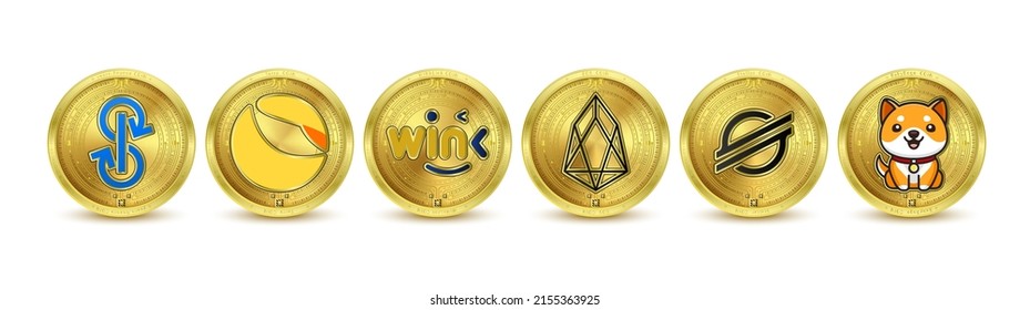 Golden token cryptocurrency. Future currency on blockchain stock market digital online. Gold coins crypto currencies Baby Doge, Terra,  WINkLink, yearn.finance, EOS, Stellar. Isolated Vector.