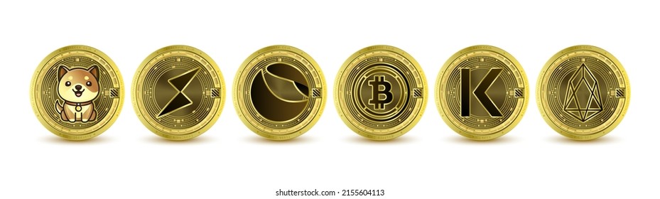 Golden token cryptocurrency. Future currency on blockchain stock market digital online. Coins crypto currencies Wrapped, THORChain, EOS, Baby Doge, Terra, Kava. Isolated on white background Vector.