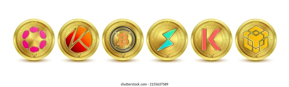 Golden token cryptocurrency. Future currency on blockchain stock market digital online. Gold coins crypto currencies Polkadot,Klaytn, Wrapped,THORChain,BNB,Kava. Isolated on a white background Vector.