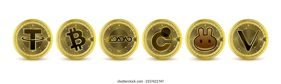 Goldene Token-Kryptowährung. Zukünftige Währung auf Blockchain Stock-Markt digital online. Münzen Kryptowährungen Tether, Adadao, Bitcoin Cash, Chromia, PancakeSwap, VeChain. Einziger Vektorgrafik.
