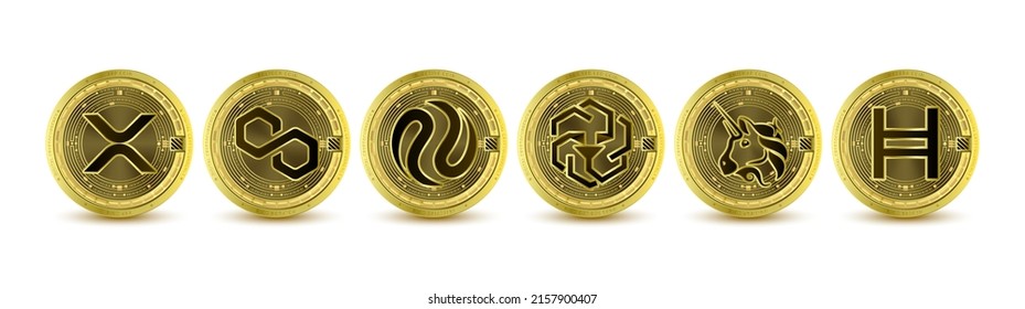 Golden token cryptocurrency. Future currency on blockchain stock market digital online. Coins crypto currencies XRP, UNUS SED LEO, Polygon, Injective, Uniswap, Hedera. Isolated Vector.