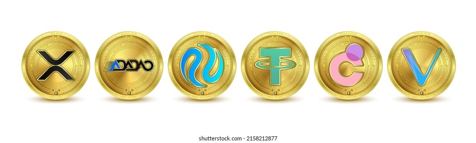 Golden token cryptocurrency. Future currency on blockchain stock market digital online. Gold coins crypto currencies XRP, Adadao,  VeChain, Chromia, Injective, Tether. Isolated Vector.