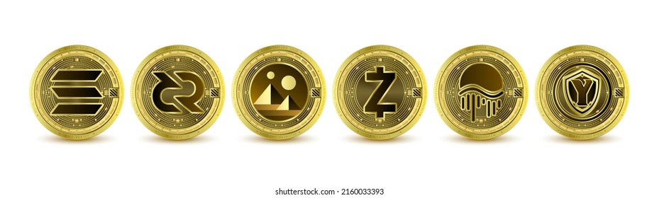 Golden token cryptocurrency. Future currency on blockchain stock market digital online. Coins crypto currencies Solana, Decentraland, Zcash, Moonriver, Yield Guild Games, Decred. Isolated Vector.