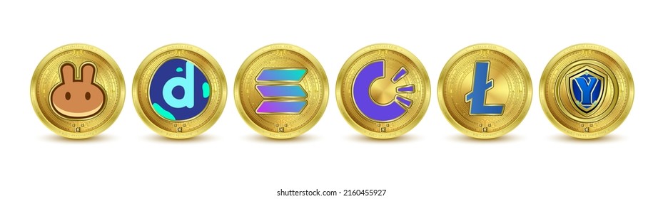 Golden token cryptocurrency. Future currency on blockchain stock market digital online. Gold coins crypto currencies Solana, Litecoin,  OriginTrail, The Graph, district0x, PancakeSwap. Isolated Vector