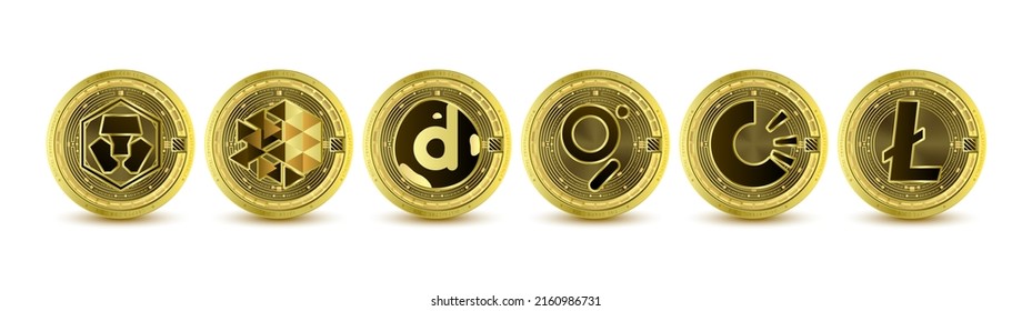 Golden token cryptocurrency. Future currency on blockchain stock market digital online. Coins crypto currencies IoTeX , Crypto.com, The Graph, district0x, Litecoin, OriginTrail. Isolated Vector.