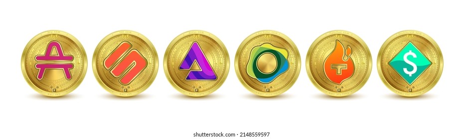 Golden token cryptocurrency set. Future currency on blockchain stock market digital online. Gold coins crypto currencies Theta Fuel, Neutrino USD, Pax Dollar, Audius, SXP, Amp. Isolated 3D Vector.