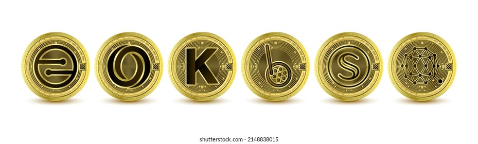 Golden token cryptocurrency set. Future currency on blockchain stock market digital online. Coins crypto currencies MobileCoin, Oasis Network, Kadena, Boba Network, Secret, Qtum. Isolated 3D Vector.