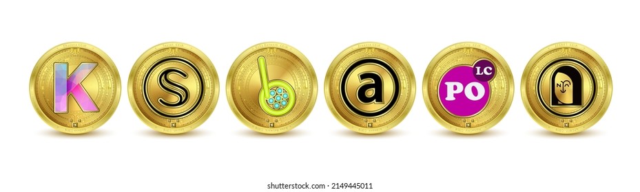 Golden token cryptocurrency set. Future currency on blockchain stock market digital online. Gold coins crypto currencies Kadena, PolkaCity, Arweave, APENFT, Boba Network, Secret. Isolated 3D Vector.
