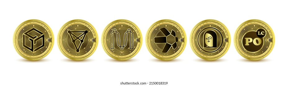 Golden Token Cryptocurrency Set. Future Currency On Blockchain Stock Market Digital Online. Coins Crypto Currencies Gala, Chiliz, Mina, Quant, Apenft, Polkacity. Isolated 3D Vector.