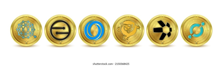 Juego de criptodivisa de tokens de oro. Futura moneda en el mercado de valores de blockchain digital en línea. Monedas de oro cripto monedas ICON, Quant, Bitcoin SV, Oasis Network, Mobilecoin, Qtum. Vector 3D aislado.