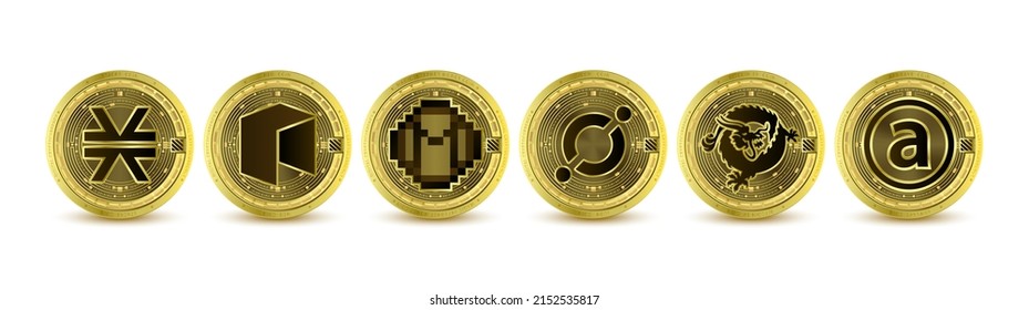 Golden token cryptocurrency set. Future currency on blockchain stock market digital online. Coins crypto currencies Stacks, Neo, Magic Internet Money, ICON, Bitcoin SV, Arweave. Isolated 3D Vector.