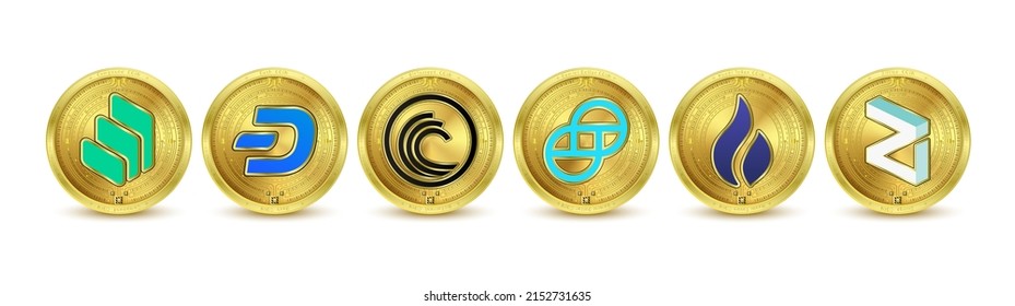 Golden token cryptocurrency set. Future currency on blockchain stock market digital online. Gold coins crypto currencies BitTorrent, Dash, Compound, Gemini Dollar, Huobi, Zilliqa. Isolated 3D Vector.