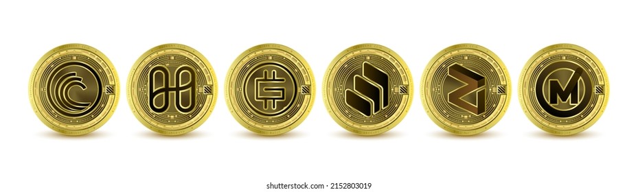 Golden token cryptocurrency set. Future currency on blockchain stock market digital online. Coins crypto currencies BitTorrent, Harmony, STEPN, Compound, MXC, Zilliqa. Isolated 3D Vector.