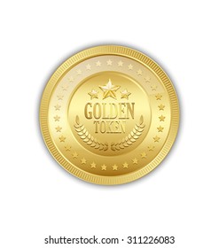 Golden token decorated with stars placed on white background