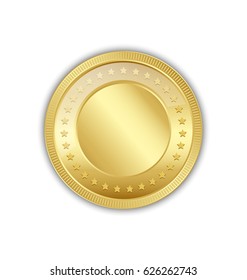 Golden token decorated with stars placed on white background