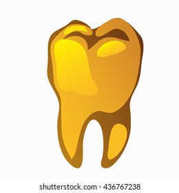 Golden tooth isolated on white background. Vector cartoon close-up illustration.