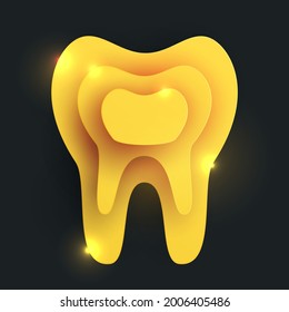 Golden tooth silhouette in modern creative style. Minimalistic luxury design concept. Premium healthcare medical composition art element. Bright paper cut layer vector illustration.