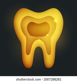 Golden tooth silhouette in modern creative style. Minimalistic luxury design concept. Premium healthcare medical composition art element. Bright paper cut layer vector illustration.