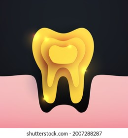 Golden tooth silhouette in modern creative style. Minimalistic luxury design concept. Premium healthcare medical composition art element. Bright paper cut layer vector illustration.