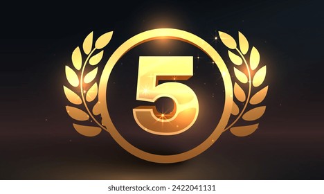 Golden top five sign. Number 5. Top 5. Vector illustration