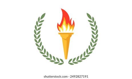 Antorcha dorada con fuego ardiente y hojas de olivo Vector, Vector EPS 10