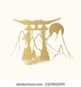 Golden torii gate with mountains and sun in the background. Japanese art for t-shirt, print and stickers. Hand drawn vector illustration isolated on white background.