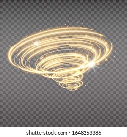 Golden tornado, swirling storm cone of stardust sparkles on transparent background. Golden spiral with light effect. Magical stardust tornado, light hurricane