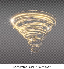 Golden tornado, swirling storm cone of stardust sparkles on transparent background. Golden spiral with light effect. Magical stardust tornado, light hurricane