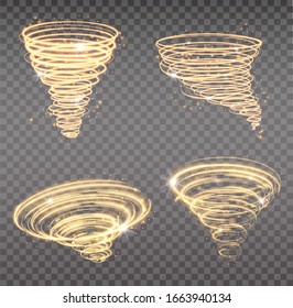 Golden tornado, swirling storm cone of stardust sparkles on transparent background. Golden spiral with light effect. Set of magical stardust tornado, light hurricane