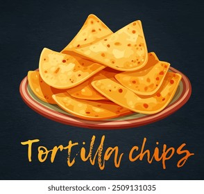 Golden tortilla chips vector icon on a black chalkboard offer a striking contrast, enhancing vibrant colors. Crispy tortilla chips on a dark background cartoon illustration as a side dish. 