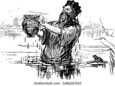 The Golden Touch, king standing in a pond in his crown and picking up a jug which is full of water, next to king one frog is sitting on floating leaf, vintage line drawing or engraving illustration