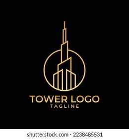 Golden tower building luxurious logo design template. Investment, skyscraper, business, company, and real estate logos with a simple line art style.