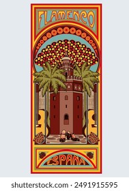 The golden tower Sevilla in art nouveau style, vector illustration