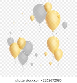 Golden Toy Background Transparent Vector. Ballon Sphere Design. Yellow Inflatable Helium. Surprise Graphic Card.