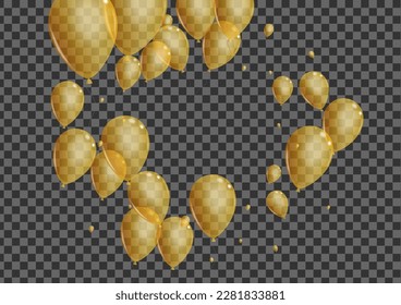 Vector transparente de fondo de juguete dorado. Banner de presencia de helio. Oro Feliz Sorpresa. Marco Resumen de Confetti.