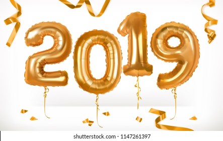 Golden toy balloons. Happy New Year 2019. 3d vector icon