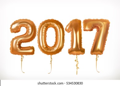 Golden toy balloons. Happy New Year 2017. 3d vector icon